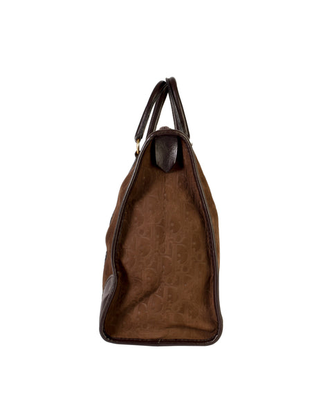 Christian Dior Vintage Brown Trotter Logo Monogram Suede and Leather Large Top Handle Carry All Bag