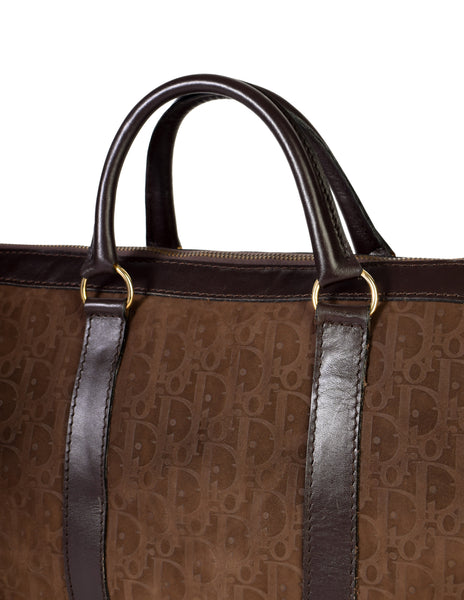 Christian Dior Vintage Brown Trotter Logo Monogram Suede and Leather Large Top Handle Carry All Bag