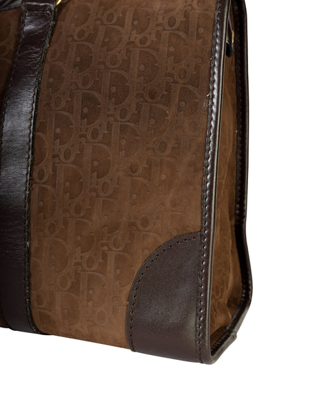 Christian Dior Vintage Brown Trotter Logo Monogram Suede and Leather Large Top Handle Carry All Bag