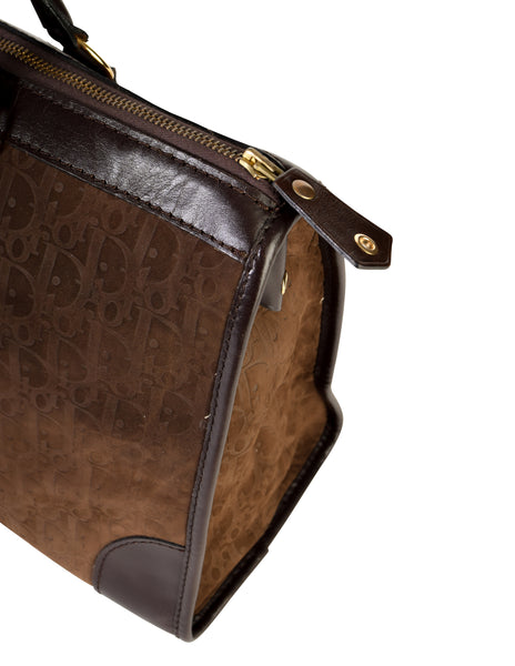 Christian Dior Vintage Brown Trotter Logo Monogram Suede and Leather Large Top Handle Carry All Bag