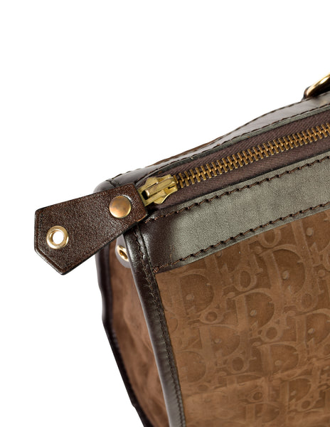 Christian Dior Vintage Brown Trotter Logo Monogram Suede and Leather Large Top Handle Carry All Bag