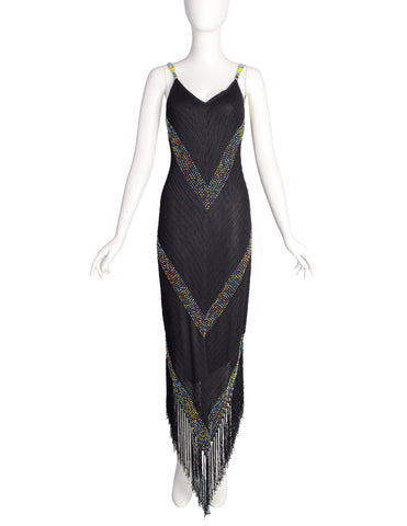 Cache Vintage 1990s Black Crochet Rainbow Beaded Fringe Dress