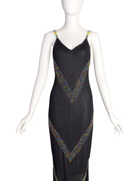 Cache Vintage 1990s Black Crochet Rainbow Beaded Fringe Dress