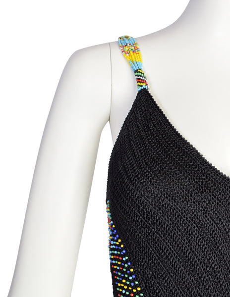 Cache Vintage 1990s Black Crochet Rainbow Beaded Fringe Dress