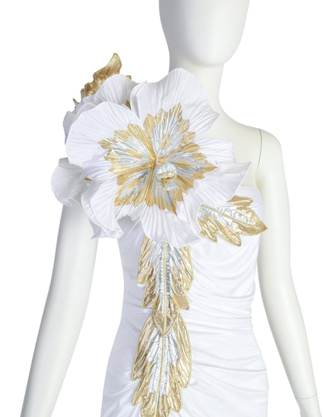 Cache Vintage White Gold Silver Huge Flower ICONIC Carrie Bradshaw Whitney Houston Gown Dress