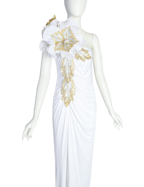 Cache Vintage White Gold Silver Huge Flower ICONIC Carrie Bradshaw Whitney Houston Gown Dress