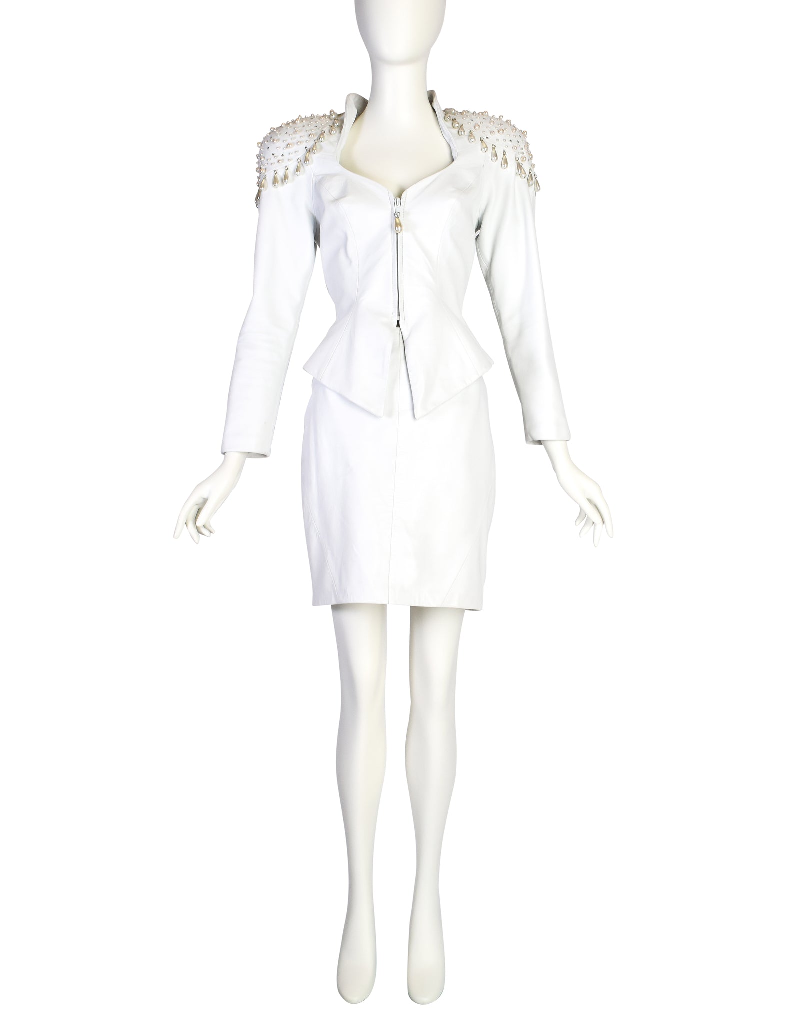 Cachè Vintage 1980s Pearl Rhinestone Embellished White Leather Jacket and Skirt Suit