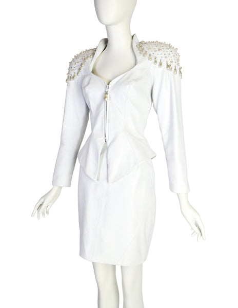 Cachè Vintage 1980s Pearl Rhinestone Embellished White Leather Jacket and Skirt Suit