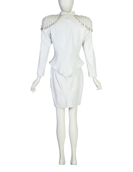 Cachè Vintage 1980s Pearl Rhinestone Embellished White Leather Jacket and Skirt Suit