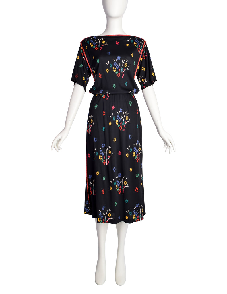 Callaghan by Gianni Versace Vintage Black Multicolor Floral Jersey Dre Amarcord Vintage Fashion Callaghan by Gianni Versace Vintage Black Multicolor Floral Jersey Dre Amarcord Vintage Fashion