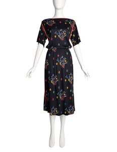 Callaghan by Gianni Versace Vintage Black Multicolor Floral Jersey Dress