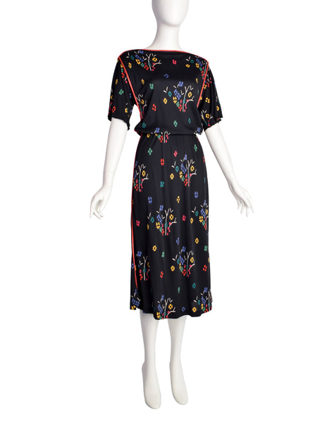 Callaghan by Gianni Versace Vintage Black Multicolor Floral Jersey Dress