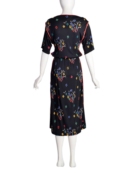 Callaghan by Gianni Versace Vintage Black Multicolor Floral Jersey Dress