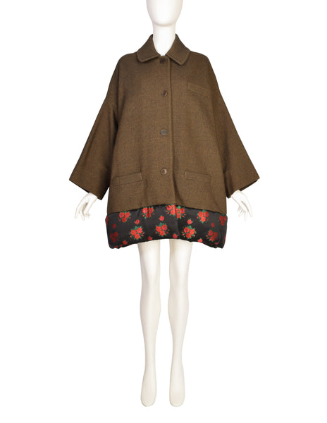 Callaghan by Romeo Gigli Vintage AW1990 Green Brown Wool Rose Brocade Coat