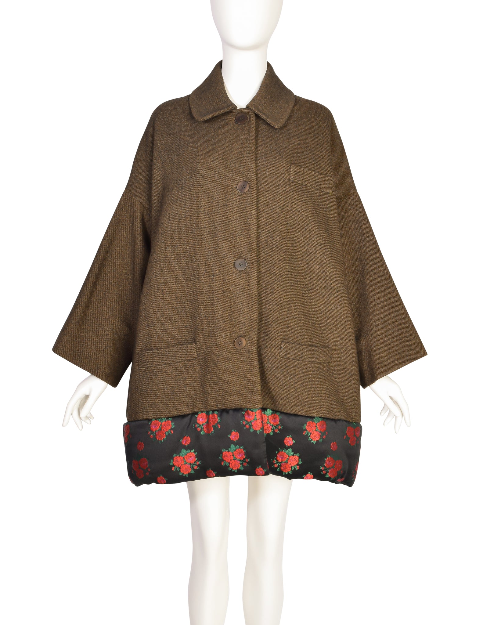 Callaghan by Romeo Gigli Vintage AW1990 Green Brown Wool Rose Brocade Coat