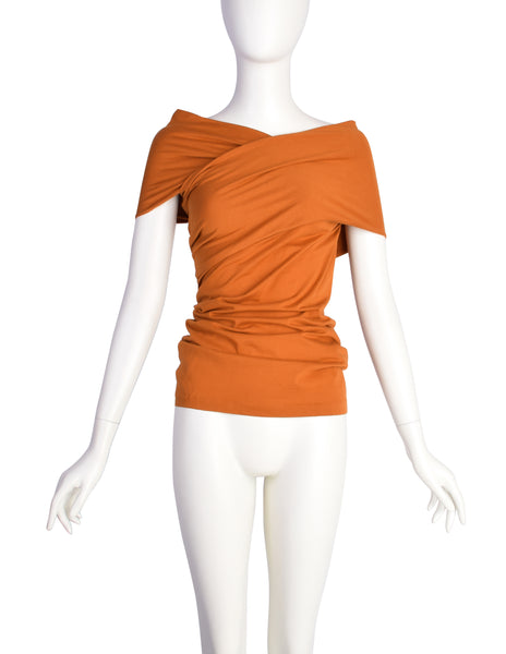 Callaghan by Romeo Gigli Vintage SS 1988 Burnt Orange Stretch Cotton Crossover Top
