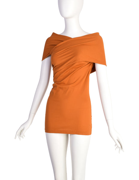Callaghan by Romeo Gigli Vintage SS 1988 Burnt Orange Stretch Cotton Crossover Top