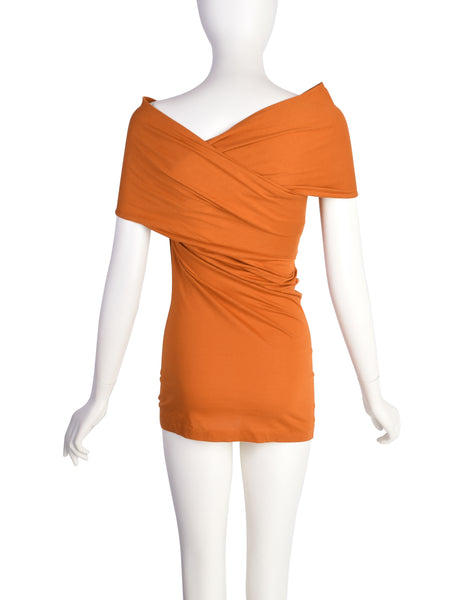 Callaghan by Romeo Gigli Vintage SS 1988 Burnt Orange Stretch Cotton Crossover Top