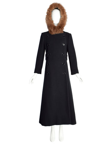 Calvin Klein Vintage 1970s Black Wool Double Breasted Coat with Brown Faux Fur Hood