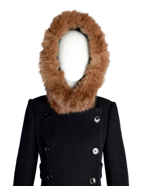 Calvin Klein Vintage 1970s Black Wool Double Breasted Coat with Brown Faux Fur Hood