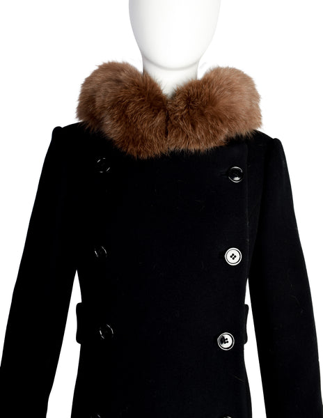 Calvin Klein Vintage 1970s Black Wool Double Breasted Coat with Brown Faux Fur Hood