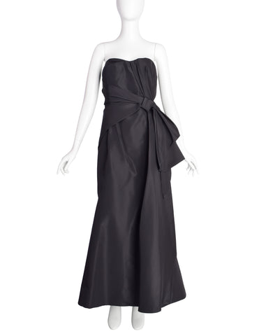 Carolina Herrera Vintage Black Silk Faille Gathered Knot Evening Gown