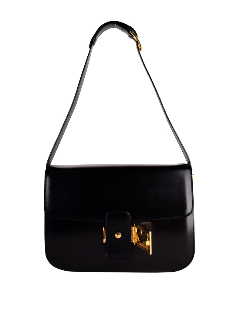 CELINE Vintage Logo Letter Monogram Shoulder Bag Pochette Black Gold RankAB