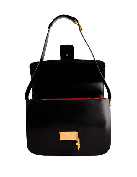 Celine Vintage Black Leather Gold Carriage Logo Flap Shoulder Bag