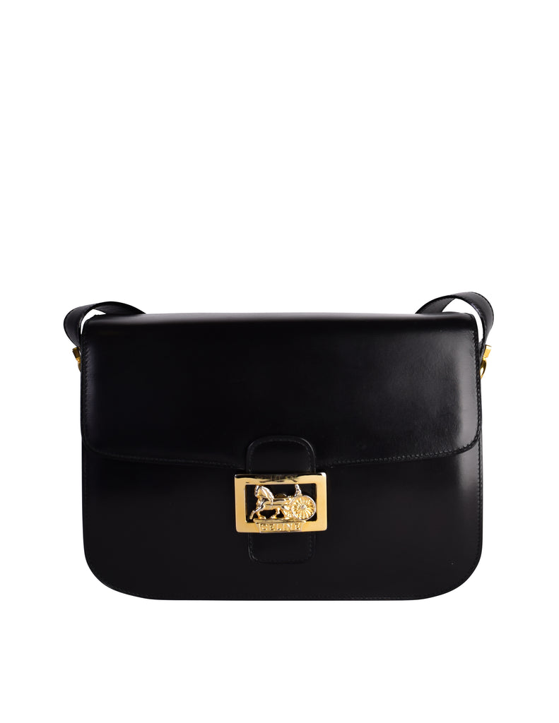 Celine Vintage Black Leather Gold Carriage Logo Flap Shoulder Bag –  Amarcord Vintage Fashion