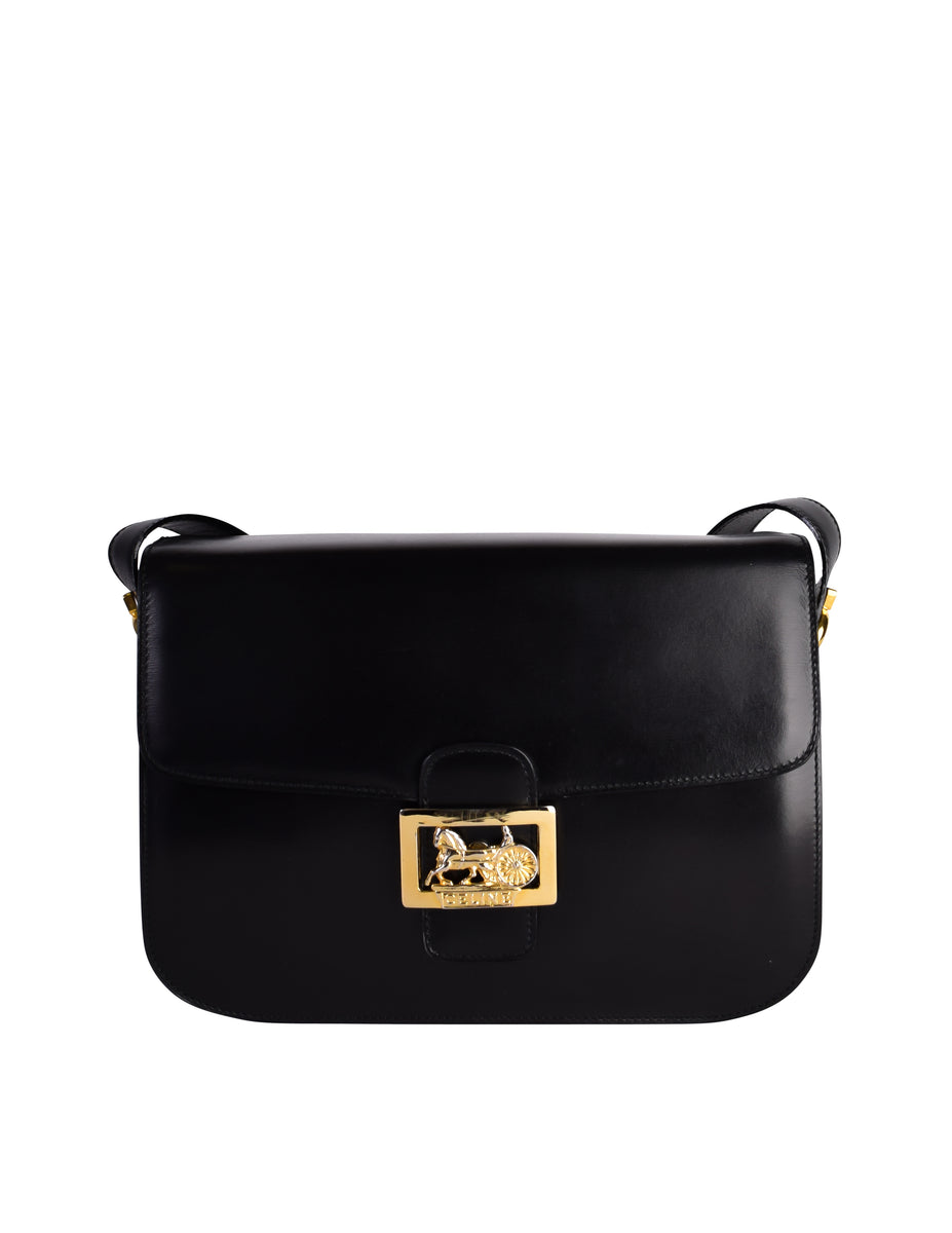 Celine Vintage Black Leather Gold Carriage Logo Flap Shoulder Bag ...