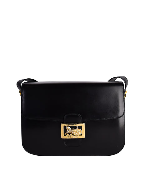 Celine Vintage Black Leather Gold Carriage Logo Flap Shoulder Bag ...