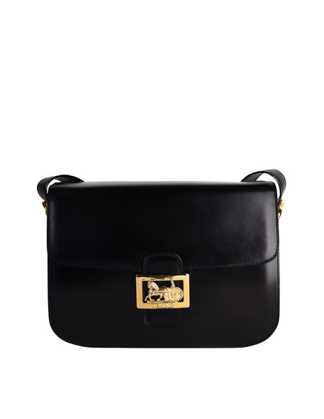 Celine Vintage Black Leather Gold Carriage Logo Flap Shoulder Bag
