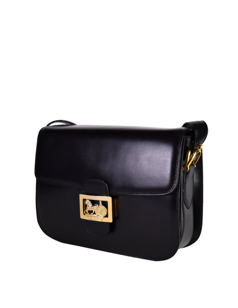 Celine Vintage Black Leather Gold Carriage Logo Flap Shoulder Bag
