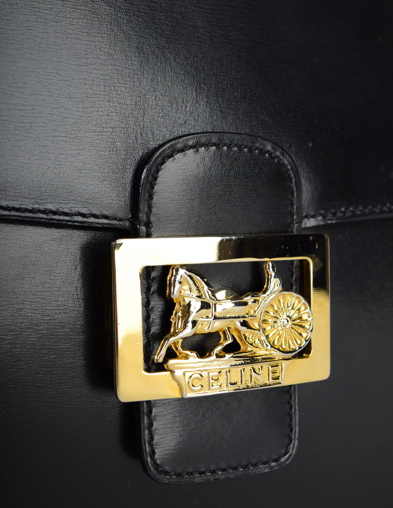 CELINE Vintage Logo Letter Monogram Shoulder Bag Pochette Black Gold RankAB