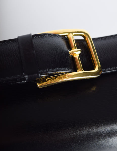 Celine Vintage Black Leather Gold Carriage Logo Flap Shoulder Bag