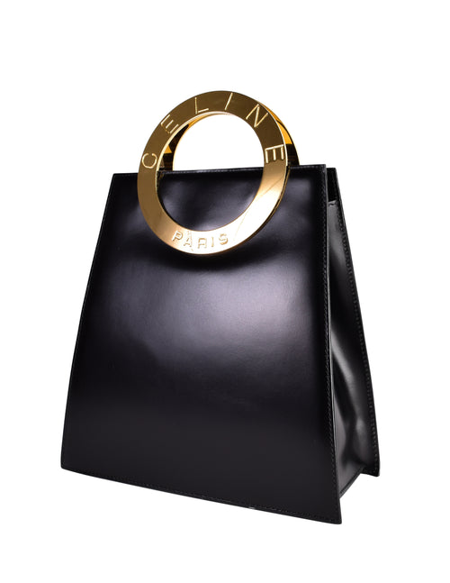 Celine Vintage Gold Logo Bracelet Hoop Handle Black Leather Handbag –  Amarcord Vintage Fashion
