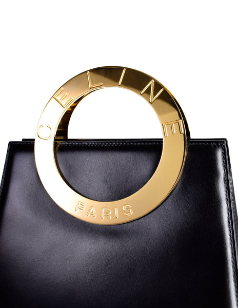 Celine Vintage Gold Logo Bracelet Hoop Handle Black Leather Handbag
