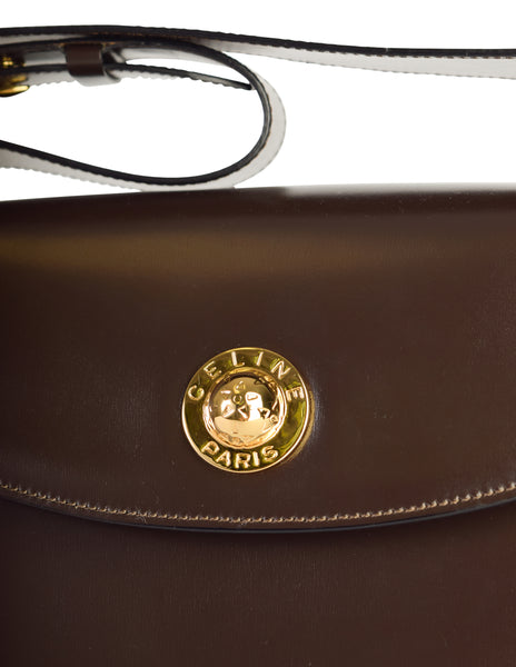 Celine Vintage Chocolate Brown Leather Gold Star Orb Shoulder Bag