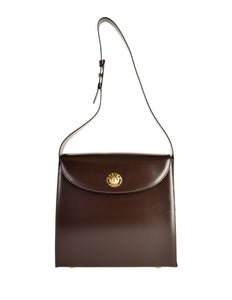 Celine Vintage Chocolate Brown Leather Gold Star Orb Shoulder Bag