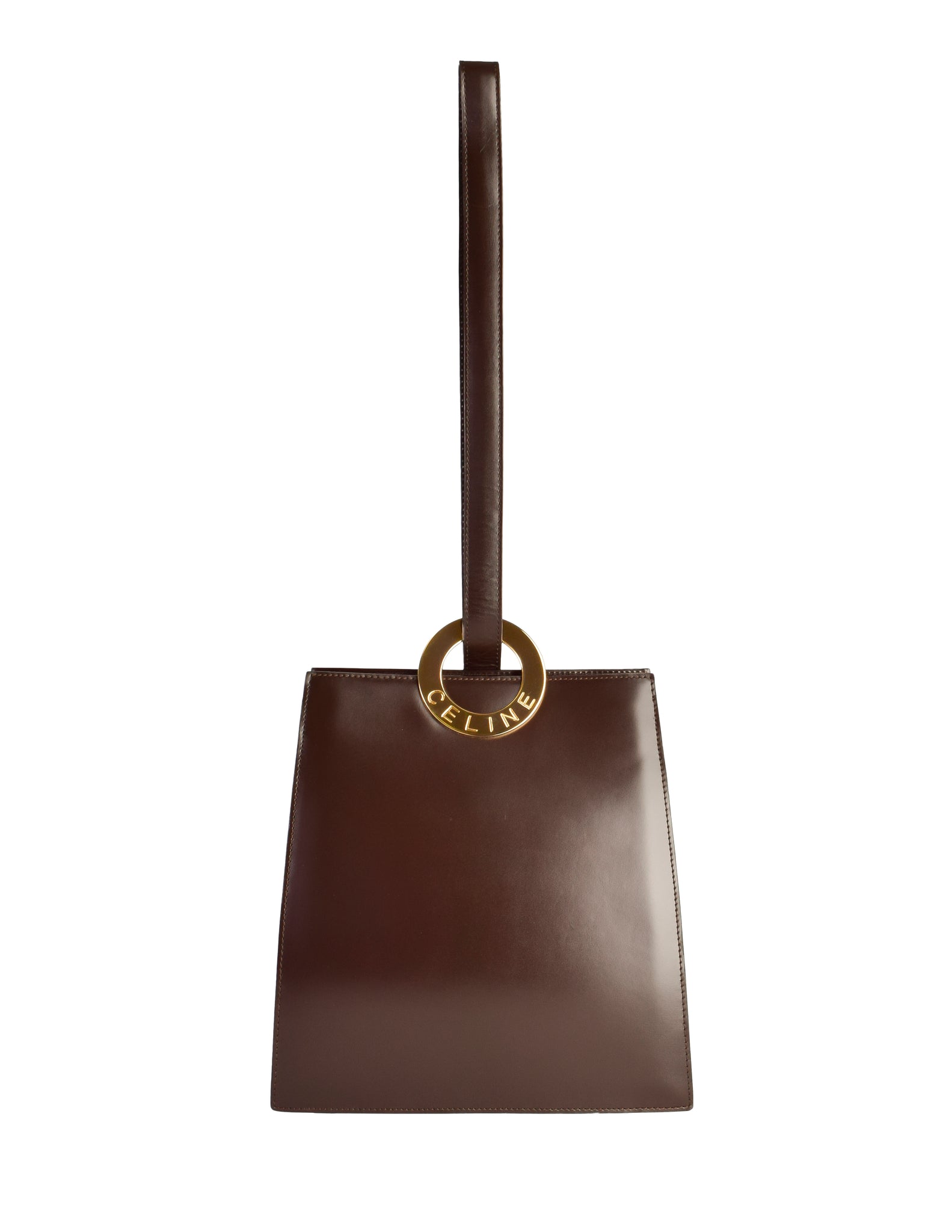 Celine Vintage Chocolate Brown Leather Gold Logo Ring Tote Style Bag