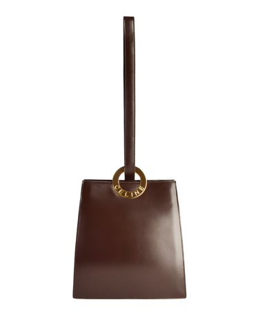 Celine Vintage Chocolate Brown Leather Gold Logo Ring Tote Style Bag