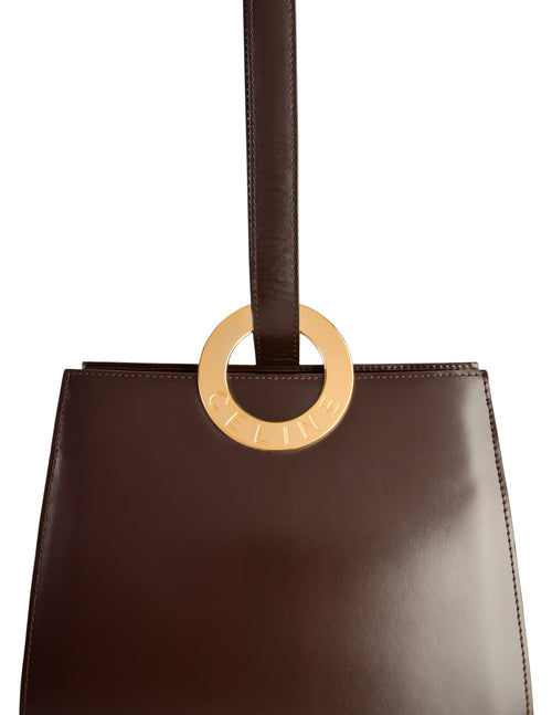 Celine Vintage Chocolate Brown Leather Gold Logo Ring Tote Style