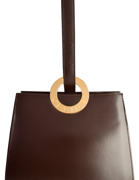 Celine Vintage Chocolate Brown Leather Gold Logo Ring Tote Style Bag