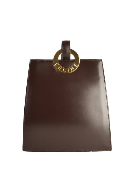 Celine Vintage Chocolate Brown Leather Gold Logo Ring Tote Style Bag
