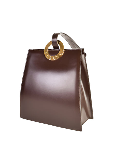 Celine Vintage Chocolate Brown Leather Gold Logo Ring Tote Style Bag