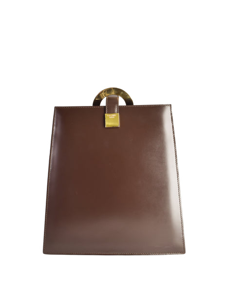 Celine Vintage Chocolate Brown Leather Gold Logo Ring Tote Style Bag
