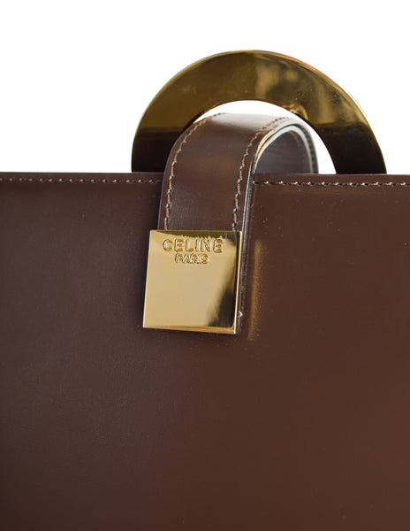 Celine Vintage Chocolate Brown Leather Gold Logo Ring Tote Style Bag