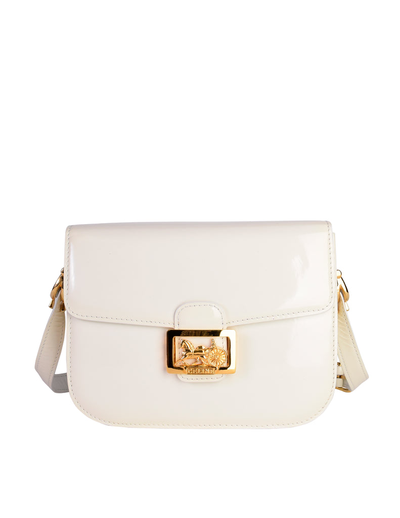 Celine Vintage Creamy White Patent Leather Gold Carriage Logo Flap Sho ...
