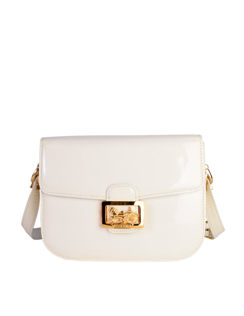 Celine Vintage Creamy White Patent Leather Gold Carriage Logo Flap Sho –  Amarcord Vintage Fashion