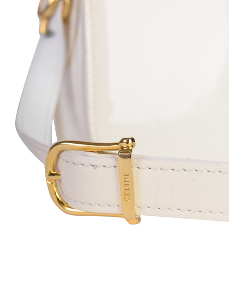 Celine Vintage Creamy White Patent Leather Gold Carriage Logo Flap Shoulder Bag